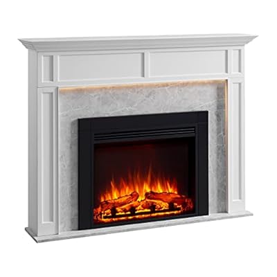 LegendFlame® Ashley Electric Fireplace with 56" Mantel Surround and Jaden 32" Insert, Cream White with Light Grey Marble Finish