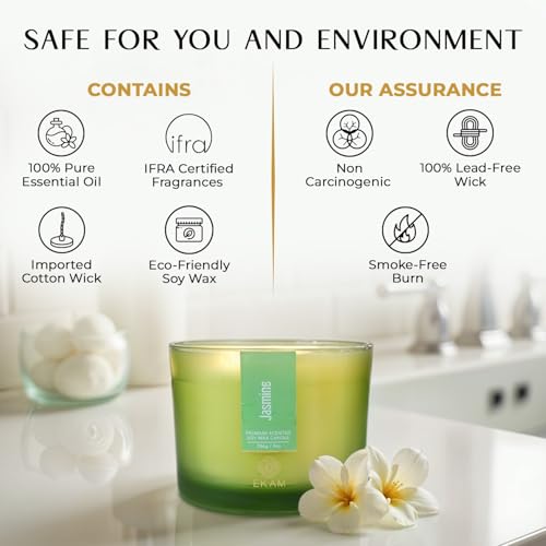 Image of EKAM 3 Wick Soy Wax Scented Candle | Jasmine Fragrance | 35 Hr Burn | Long Lasting Premium Jar Candle for Home Decor, Relaxation & Gifting