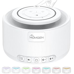HOMGEN Witte geluidsmachine met 30 geluiden, witte geluiden, voor pasgeborenen, 5 helderheidsniveaus, 7 kleuren, draagbare lamp voor kinderen, meditatie, yoga, kantoor
