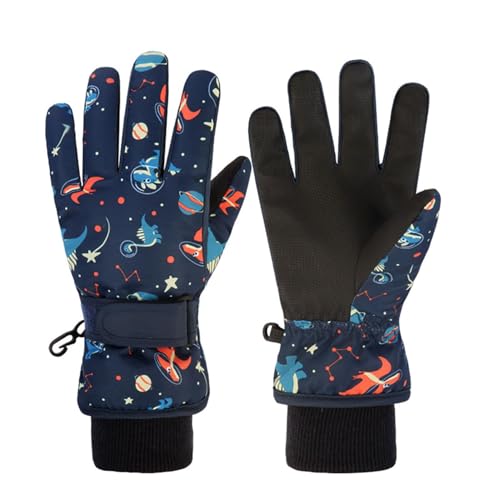 HNGEMSY Handschuhe Kinder Winter Schneehandschuhe Skihandschuhe für 2-13 Jahre Mädchen Jungen PU Palme Wasserdicht Winddichte Warm Fleece Winterhandschuhe (Blau-Dinosaurier, S)