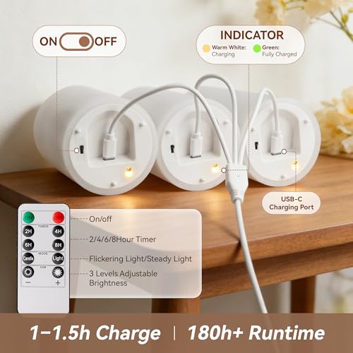 Image of White Real Wax LED Rechargeable Flameless Battery-Operated Pillar Candles