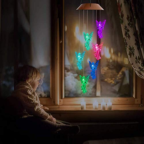 Lampelc Solar Mobile Wind Chime,Outdoor LED Light Solar Angel Wind Chimes Color-Changing Waterproof Hanging Solar Powered Chimes Lights for Garden Corridor Decoration (Angel Wind Chimes Light)