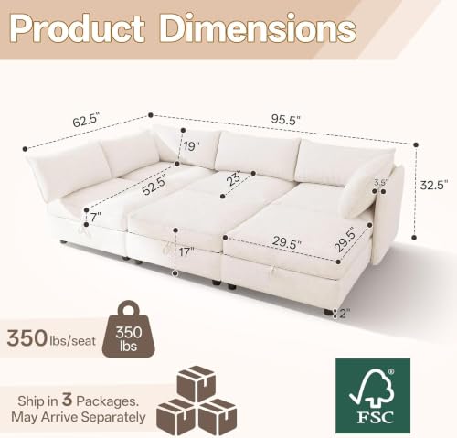 Image of 95.5 inch 6 Seat Modular Sectional Sleeper Sofa, Chenille Modern Modular Sofa Bed Hidden Storage, Convertible L&U Shaped Sleeper Couch with Ottoman, Couches for Living Room, Beige