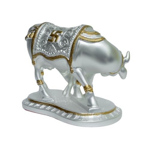 Image of Silver Plated Om Cow and Calf Idol | Kamadhenu with Calf on Engraved Base | Sacred Silver Cow Figurine for Pooja, Vastu & Gifting | Spiritual Home Decor | 15.3 x 9 x 12.3 cm