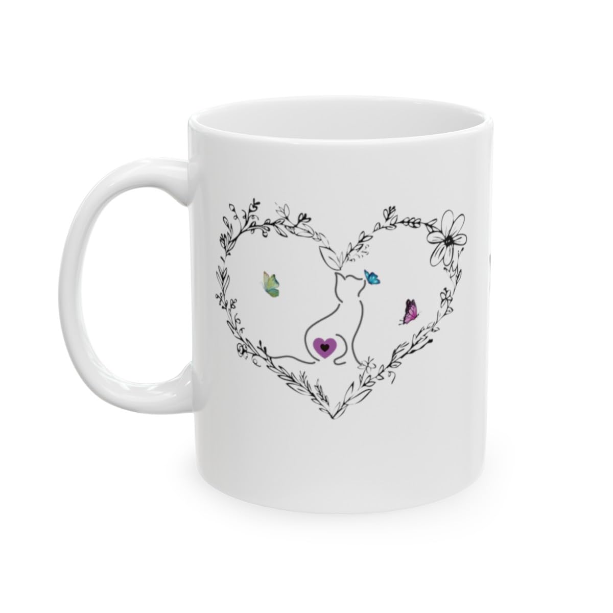 Generic Cat Kissing a Butterfly Ceramic Coffee Mugs for Women, Black Heart Mug with a Kitty Kissing Butterflies, Cute Mugs Aesthetic (11oz), White,