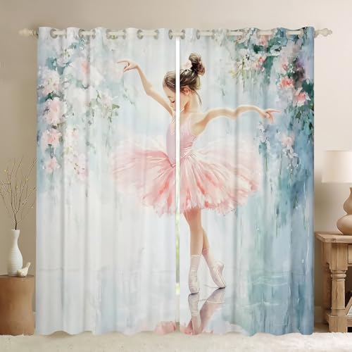 Homewish Rideau Occultant 30%-50% Enfant Fille Ballet Rose, Rideau Princesse Danseuse Mignonne, Rideau Voilage Fleurs de Roses, Voilage Fenetre Ballerine...