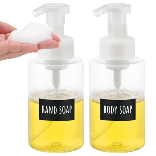 Segbeauty Distributeur Savon Mousse, 2 Pièces 400ml Distributeur Gel Douche, Distributeur Savon Salle de Bain, Distributeur Shampoing en Plastique, Flacon Mousseur Vide avec Etiquettes