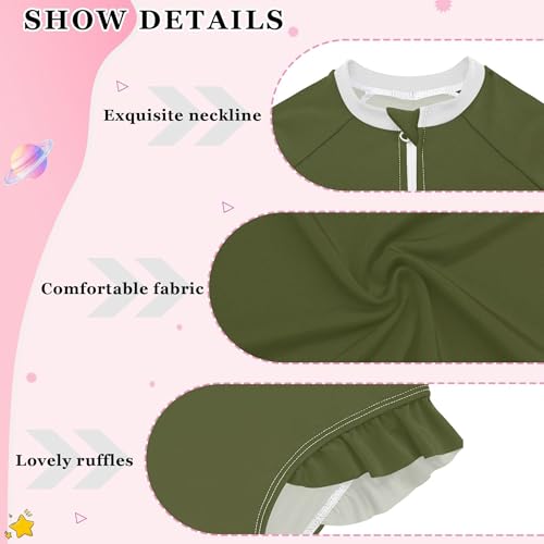 Plain Army Green Baby Girl Bathing Suit Long Sleeve UPF 50+ One Piece Toddler Swimsuit Size 11-12Y3