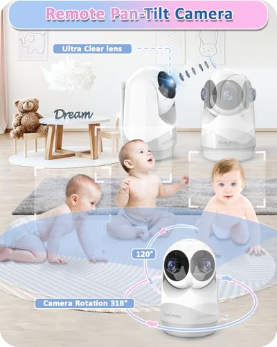 HelloBaby Babyphone mit Kamera,29 Stunden Akkulaufzeit Babyfon,318°/120° Baby Monitor mit Ferngesteuerter Pan-Tilt Kamera 2X Zoom,Infrarot-Nachtsichtkamera ECO-Modus,Bis zu 1000ft,2-Wege-Audio 6