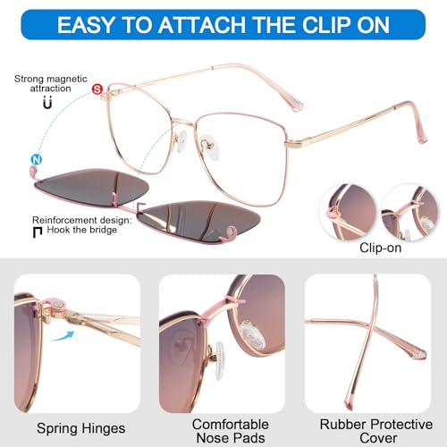 Image of Women's Large Blue Light Blocking Glasses plus Magnetic Sunglasses Clip, Easy to Switch to Shades for Driving