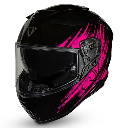 CRUIZER Casco moto Integrale Omologato Nero Fuxia Lucido con visiera trasparente , visiera sole a scomparsa, visiera rosa specchiata (L)