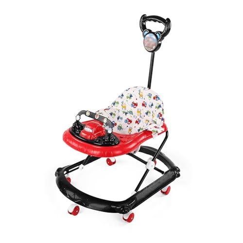 BabyGo Gogo Baby Walker for 6-24 Months, Baby Walker with Push Handle & Activity Tray, Foldable Adjustable Height Infant Walker with Wheels, Music,Toy Bar and Comfotable seat (Red)