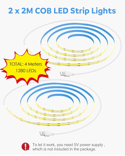 Image of Aclorol 5V COB LED Strip Lights 6000K Cold White USB LED Strip Lights for Bedroom 8mm Width High Density 320LEDs /M Bright for TV Monitor Backlights Under Cabinet Counter Display Case CRI90+ (2 Pack)