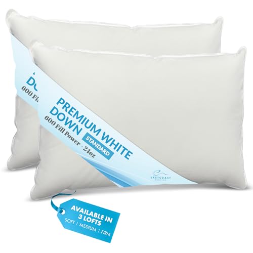 East Coast Bedding Firm Density White Duck Down Pillows – High Loft Support for Side Sleepers – 600 Fill Power, 400 TC Cotton Shell – Standard Size, 20"x26" (1 Pack)