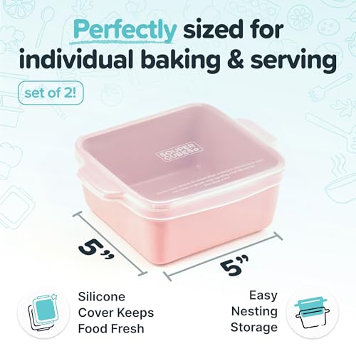 Image of Souper Cubes Ceramic Baking Dishes 2.0-5 inch x 5 inch Baking Dishes with Silicone Lids, Individual Baking Dishes for Oven, Microwave, Oven and Air Fryer Safe, USA Made, Set of 2 - Cotton Candy