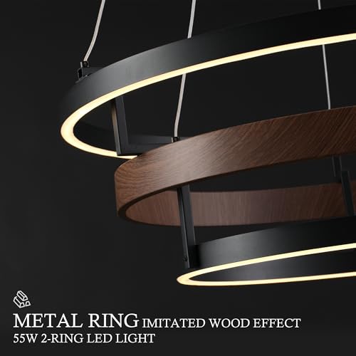 Image of KARTOOSH Modern LED Chandelier with Remote, Dimmable Ring Pendant Light Walnut Wood Black Circular Chandeliers for Dining Room Living Room Entryway Bedroom Office