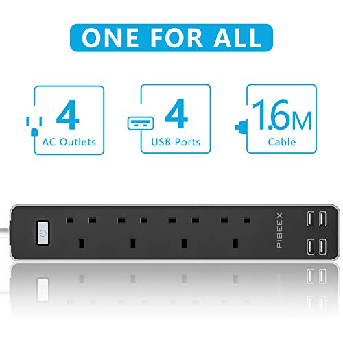 PIBEEX Extension Lead with USB, 13A Power Strip 4 Way Outlets 4 USB 5V 3.4A Child Safety Protection 1.6M Extension cord Power Adapter UK Socket for Home Office PIBEEX Extension Lead with USB, 13A Power Strip 4 Way Outlets 4 USB 5V 3.4A Child Safety Protection 1.6M Extension cord Power Adapter UK Socket for Home Office
