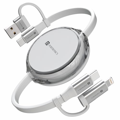 Image of Portronics 60W Quadline 4-In-1 Multifunctional Fast Charging Retractable Cable With Multiple Port & Strong Heads, Strong, Type C, Lightening, USB A, Fast Data Sync, 1M Cable Length (White)