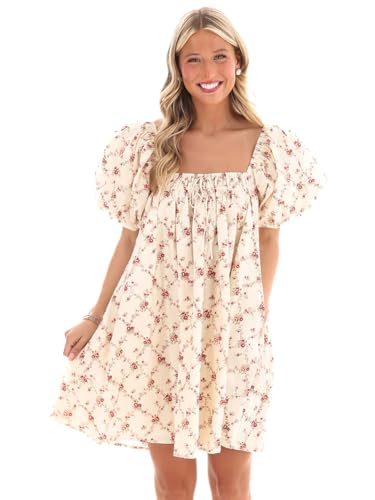 Image of Women Y2k Puff Sleeve Babydoll Dresses Square Neck Tie Back Mini Dress Summer Solid Off Shoulder Flowy Sundress