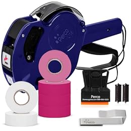 Perco Lite 1Line Price Gun Kit, 2White 4Pink Rolls, Gun Clip & Ink Rollers