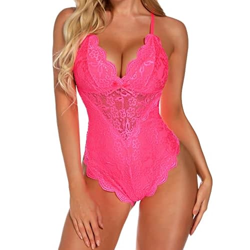 Aranmei Body sexy con entrepierna a presión para mujer, lencería de encaje de una pieza, Rosa Roja, M