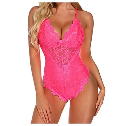 Aranmei Body sexy con entrepierna a presión para mujer, lencería de encaje de una pieza, Rosa Roja, M