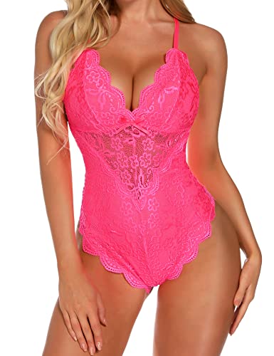 Aranmei Body sexy pour femme - Nuisette coquine en tissu pelucheux et en dentelle - boutons-pression à l’entrejambe, rose rouge, XXL
