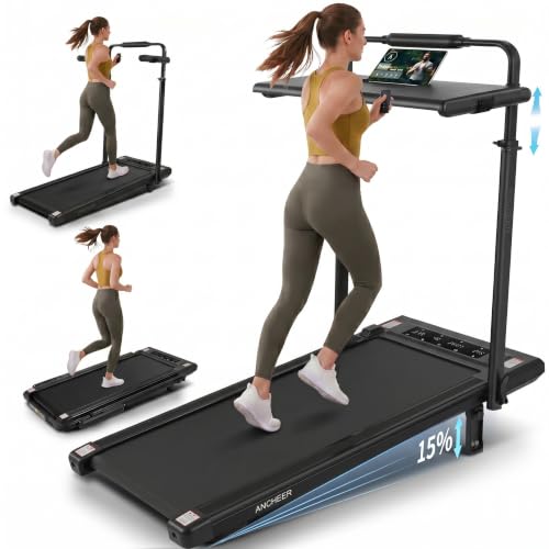 Image of ANCHEER Treadmill with 12% /15% Incline, Folding Walking Pad with Handle Bar, 320-450lb Capacity Under Desk Foldable 3.5HP Treadmills for Home /Office /Gym,Installation-Free