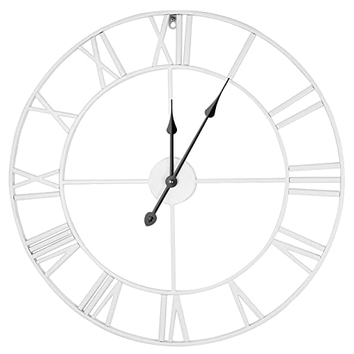 Shoze Roman Numerals Vintage Metal Wall Clock - 60CM Large Round Silent Battery-Operated for Living Room, Bedroom, Kitchen, Cafe, Hotel, Office (White)