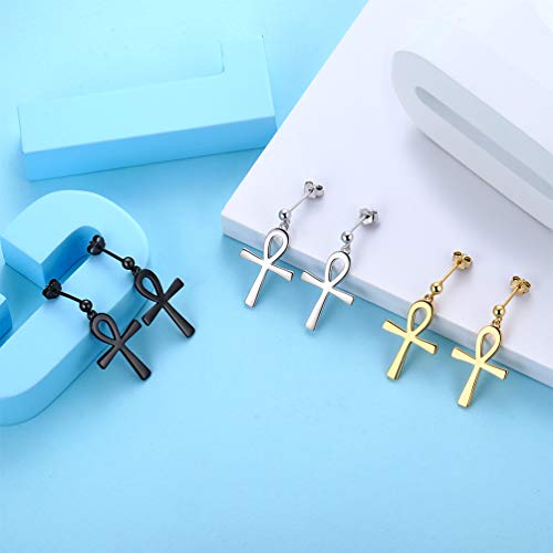Mens Ankh Cross Stud Earrings 18K White Gold Over 925 Sterling Silver Egyptian Ankh Drop Earrings Gothic Earrings Protection Jewerly Gift For Birthday Anniversary For Wife Girlfriend Mom Sisters Fe0081W #TOP4