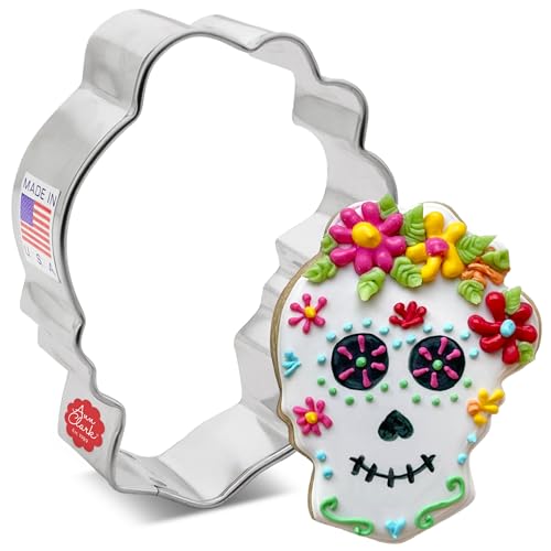 Halloween & Day of the Dead Sugar Skull with Flowers Cookie Cutter 3", Made in USA by Ann Clark