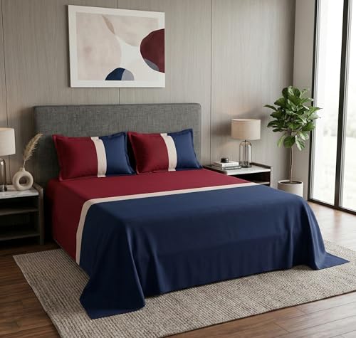Image of SANMARINO Premium Cotton Double Bedsheet with 2 Pillow Covers, Soft & Breathable, Modern Geometric Color Block Design, All-Season Comfortable Bedding Set - 228 x 254 cm (Vintage Burgundy Blue)