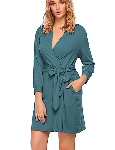 Hotouch Womens Soft Kimono Cotton Short Bath Robe Sleepwear Loungewear Blue Green, Small #TOP1