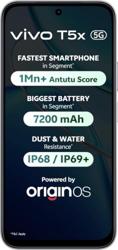 Image of vivo T5x 5G (Star Silver, 8GB RAM, 128GB Storage) | MediaTek Dimensity 7400-Turbo Processor | 50MP + 2MP AI Dual Rear Camera | 32MP Selfie Camera | 6.76-inch Display | 7200mAh Battery |