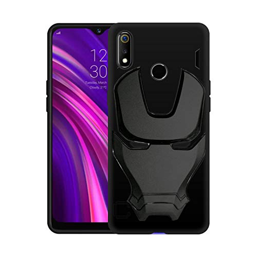 Image of COVERLY Official 3D Touch Feel Trending Avengers Logo Mask Soft Rugged Grip Silicone Iron Man Super Power Cartoon Movie Engraved Silicone Matte Back Cover for Realme 3 (6.53 inch) - Black