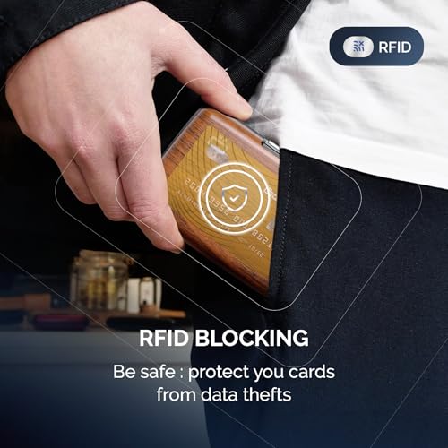 Image of OGON -DESIGNS- Aluminum card holder, RFID protection against fraud and demagnetization, compact wallet, Smart Case STOCKHOLM model (Covering wood imitation Sequoia, Extra-secure lock)