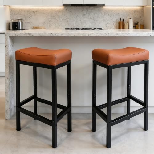 Butacos de altura para barra, juego de 2 unidades, asiento acolchado de cuero sintético, base metálica y reposapiés, color marrón, 24 pulgadas miniatura 1