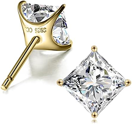 ”STUNNING FLAME “18K Gold Plated Sterling Silver Princess Cut Cubic Zirconia Stud Earrings for men women(4-Y)