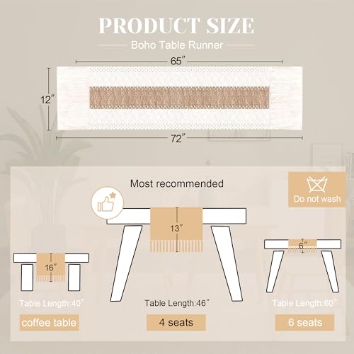 Image of FEXIA Boho Table Runner for Summer Home Coffee Decor with Tassels 72 Inches Long Farmhouse Rustic Table Runner Macrame Burlap Table Decoration for Kitchen Living Room Bridal Shower(12x72 Inches)