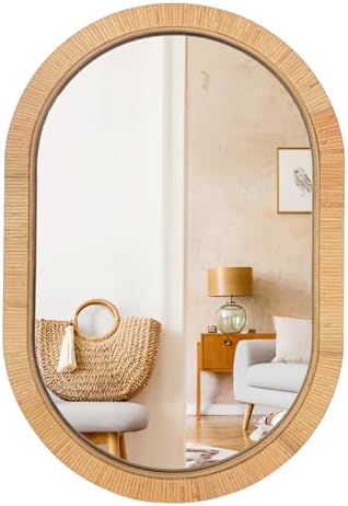 20x30 Oval Rattan Mirror for Wall, Boho Decorative Mirror for Bat...