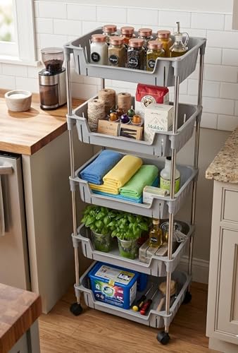 Image of JD FRESH 5-Tier Multi Storage Rack for Home & Kitchen /360-Degree Rotating Wheels with Breathable Kitchen Shelf Storage Rack /Plastic Rolling Cart for Kitchen, Bathroom, Office & Living Room (Grey)