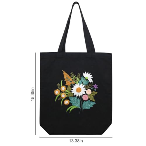 Image of KABAKE Canvas Tote Bag Embroidery Kit, Embroidery Kits for Beginners, Arts and DIY Crafts Embroidery Starter kit, Include Stamped Embroidery Bag, Threads, Embroidery Tools (Black Bag with Floral)