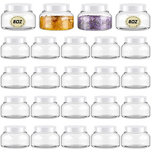Tessco for you 24 Pack Plastic Jars with Lids Labels Multiuse Slime Containers Empty Body Scrub Jars Round Refillable Cosmetic Body Butter Container for Makeup (8 oz,White)