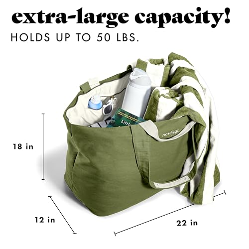 Image of Fit & Fresh XL Beach Tote Bag for Women - XL Travel Tote with Zipper & Pockets, Oversized Canvas Pool Bag, Weekender Carry-On