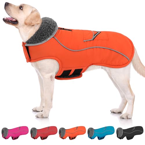 SUNFURA Dog Coat, Large Dog Jacket Reflective Winter Coat for Cold Weather, Windproof Pet Snow Jacket with Pocket, Warm Fleece Sweater Clothes for Large Dogs, Orange L