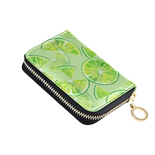 Seamless Green Lemon Orange Fruit Slices on GreenGrey Credit Card Coin wallet, RFID Blocking Compact Women Leather Card Holder, Key Change Organizer, Zipper Purse Clutch Pouch