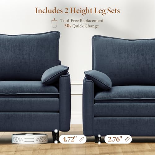 Image of Vesgantti 108 inch U Shaped Sectional Couch, Deep Seat Cloud Modular Sectional Sofa with 2 Ottoman, Modern Chenille Cloud Sofa Height Adjustable for Living Room, Bedroom and Apartment, Blue