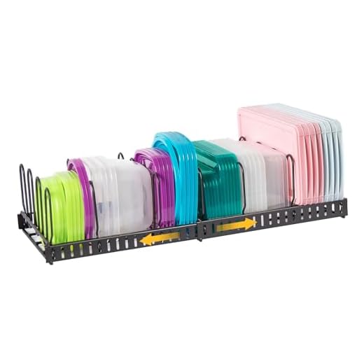Expandable Food Container Lid Organizer,Large Capacity Adjustable 8 Dividers Detachable Lid Organizer Rack for Cabinets, Cupboards, Pantry Shelves, Drawers Keep Kitchen Tidy,Black 10.2”wide,3.6 Pound.