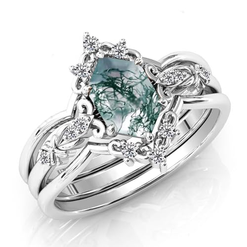 Natural Moss Agate Sterling Silver Rings Set - Leaf Art Deco Hexagon/Pear Moss Agate Engagement Wedding Promise Rings Set - Vintage Unique Bridal Ring Set for Women2