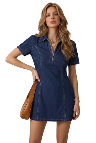 Image of KIFOVEN Women's Collared V Neck Short Sleeve Zipper A Line Casual Mini Denim Dress